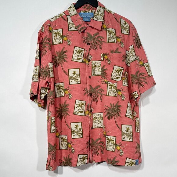 Bermuda Bay Tropical Palm Trees Pineapples 100% Silk Shirt Size L - Picture 2 of 16